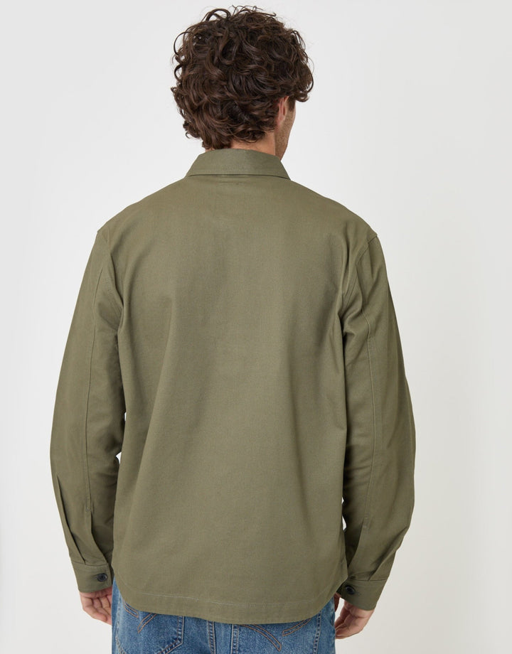 Threadbare Cotton Twill Shacket with Pockets in Olive Green - back view