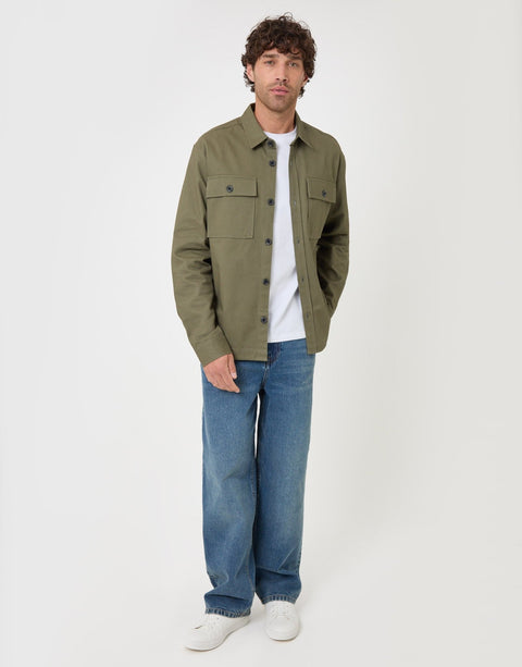 Threadbare Cotton Twill Shacket with Pockets in Olive Green - full body