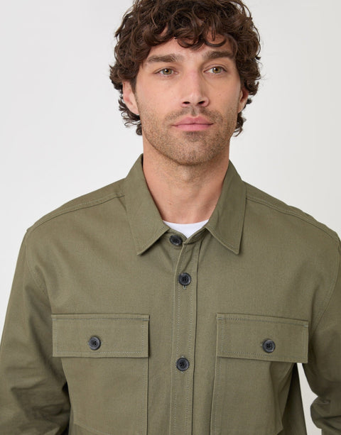 Threadbare Cotton Twill Shacket with Pockets in Olive Green - close up