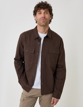 Threadbare Cotton Twill Shacket with Pockets in Chocolate Brown - front view