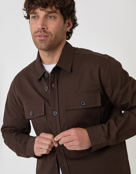 Threadbare Cotton Twill Shacket with Pockets in Chocolate Brown - front view button up