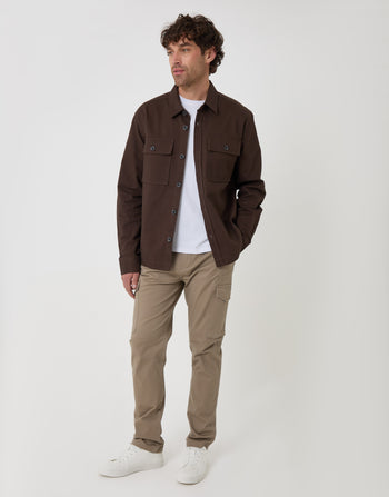 Threadbare Cotton Twill Shacket with Pockets in Chocolate Brown - full body