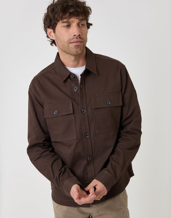 Threadbare Cotton Twill Shacket with Pockets in Chocolate Brown - front view button up
