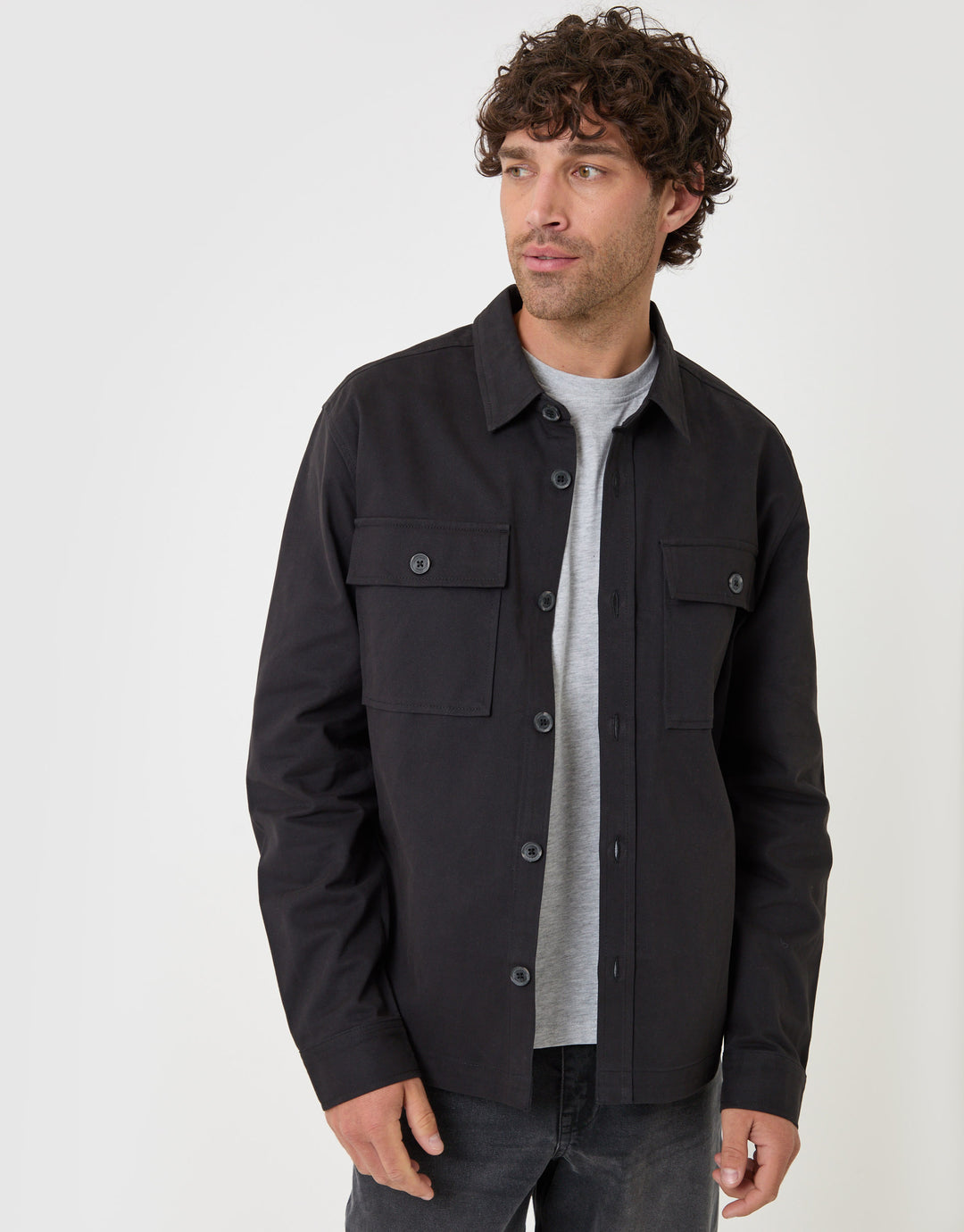 Threadbare Curved Hem Cotton Shacket in Black - front view