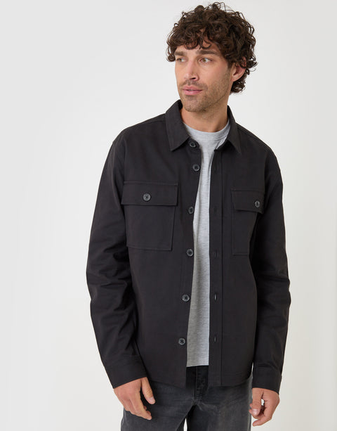 Threadbare Curved Hem Cotton Shacket in Black - front view