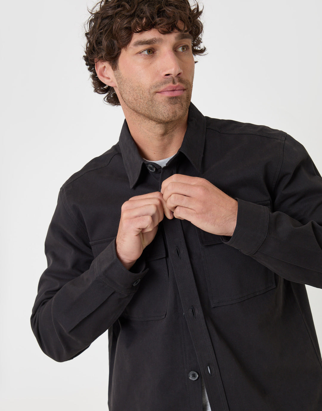 Threadbare Curved Hem Cotton Shacket in Black - front button up