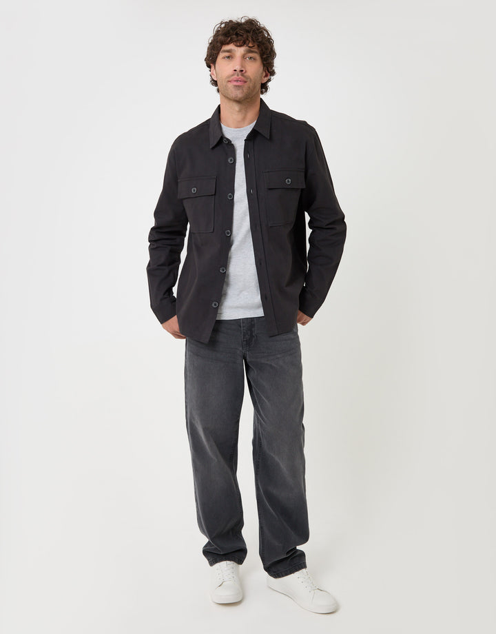 Threadbare Curved Hem Cotton Shacket in Black - full body
