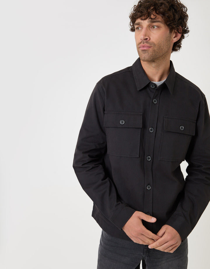 Threadbare Curved Hem Cotton Shacket in Black - close up