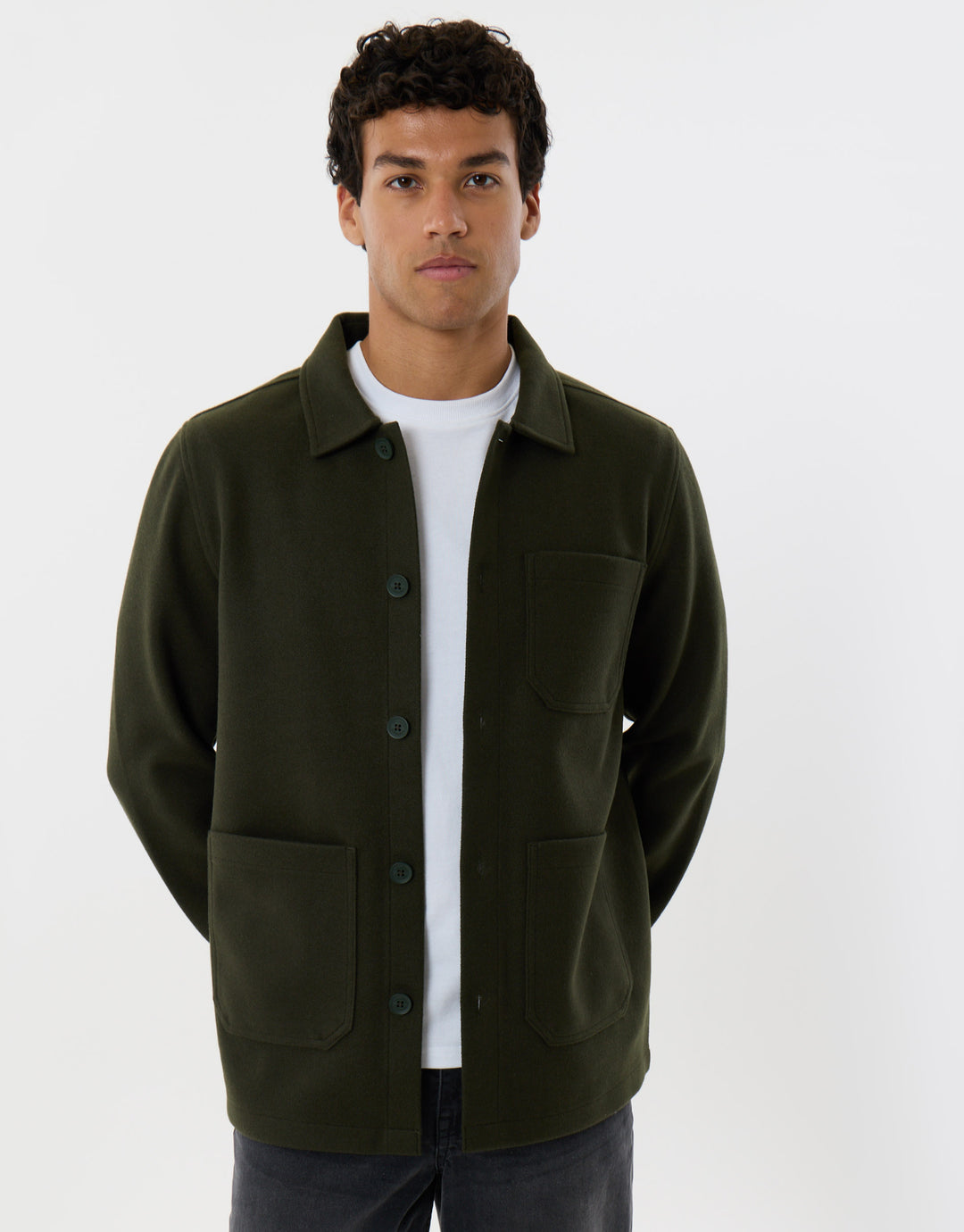 Long Sleeve Button Up Shacket in Forest Green