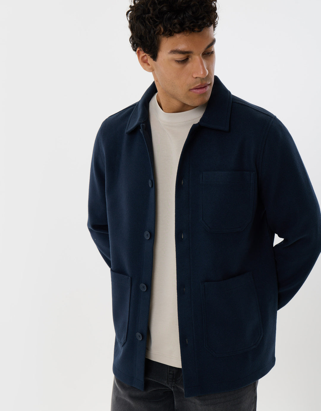 Long Sleeve Button Up Shacket in Navy