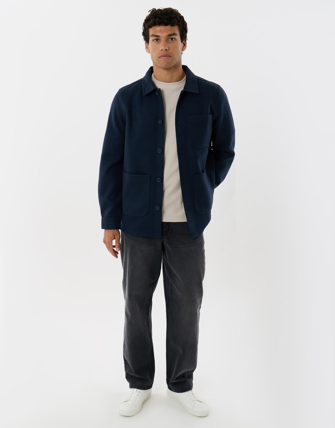 Long Sleeve Button Up Shacket in Navy