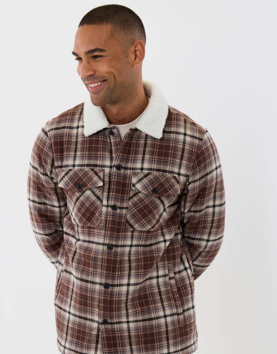 Cotton Flannel Shacket with Sherpa Collar & Lining in Brown Check