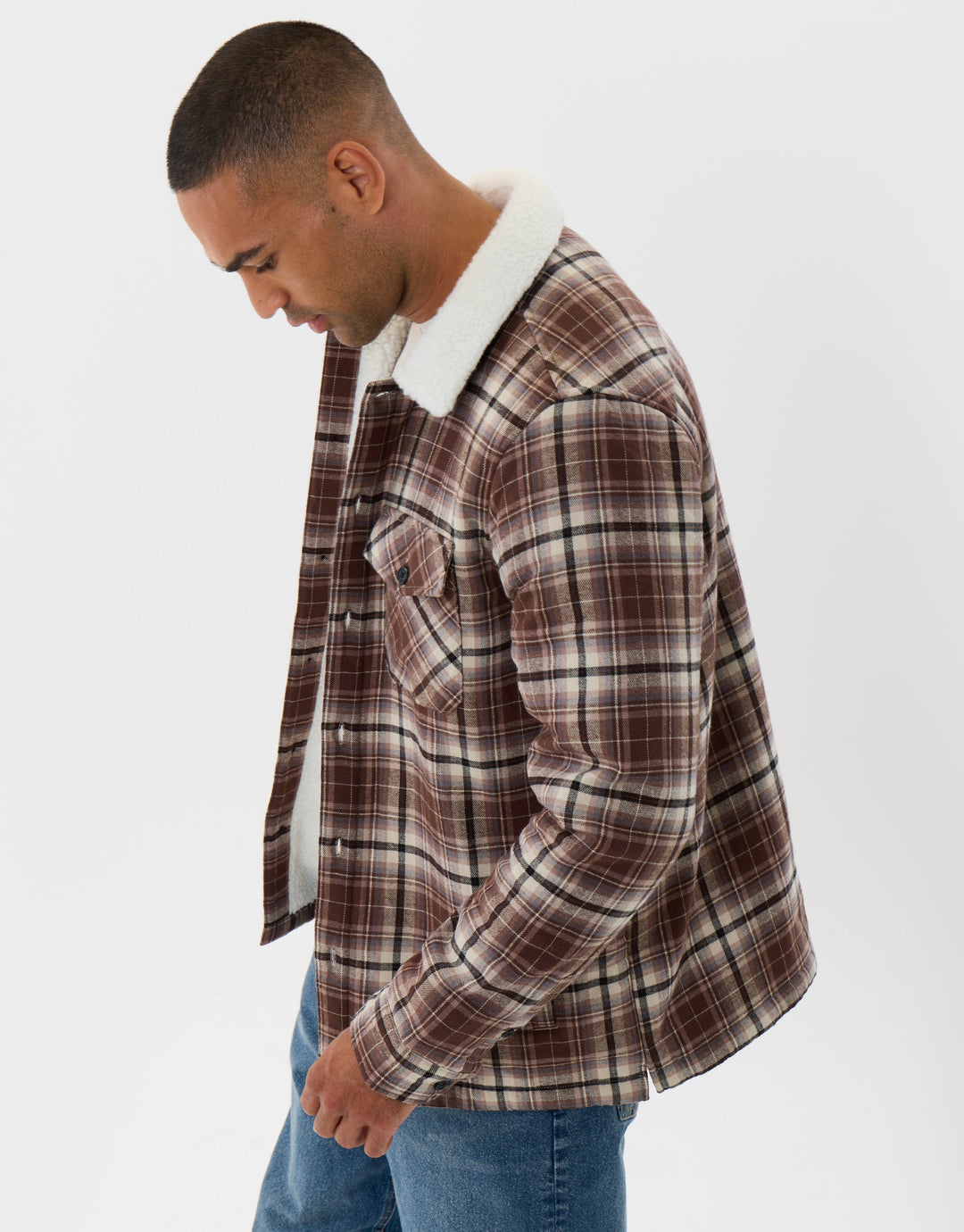 Cotton Flannel Shacket with Sherpa Collar & Lining in Brown Check