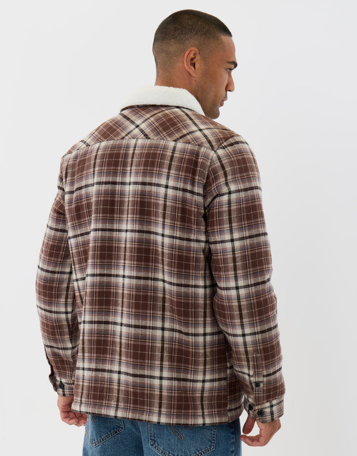 Cotton Flannel Shacket with Sherpa Collar & Lining in Brown Check