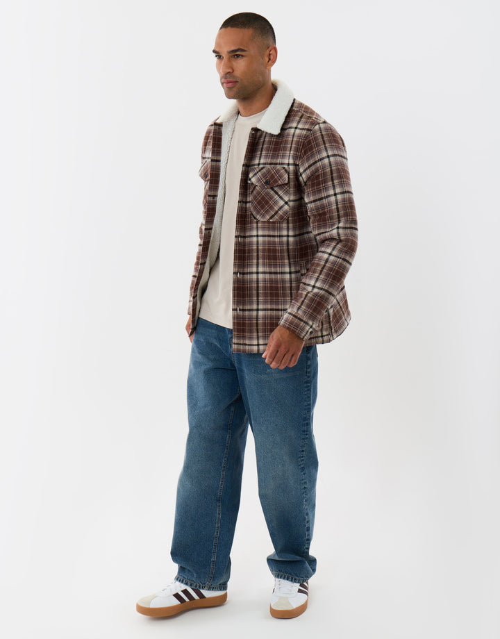 Cotton Flannel Shacket with Sherpa Collar & Lining in Brown Check