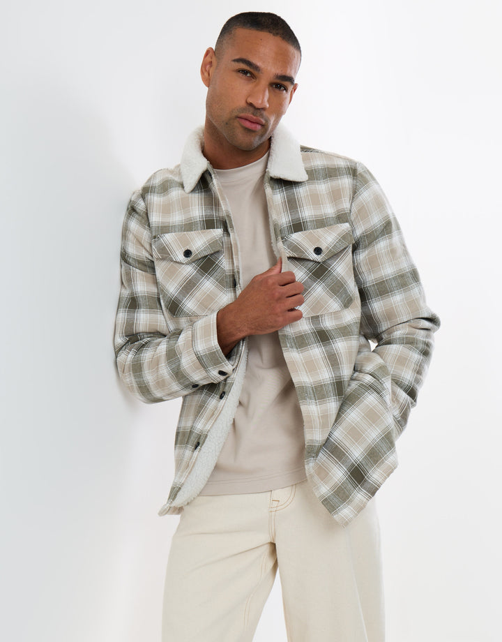 Cotton Flannel Shacket with Sherpa Collar & Lining in Sage Check