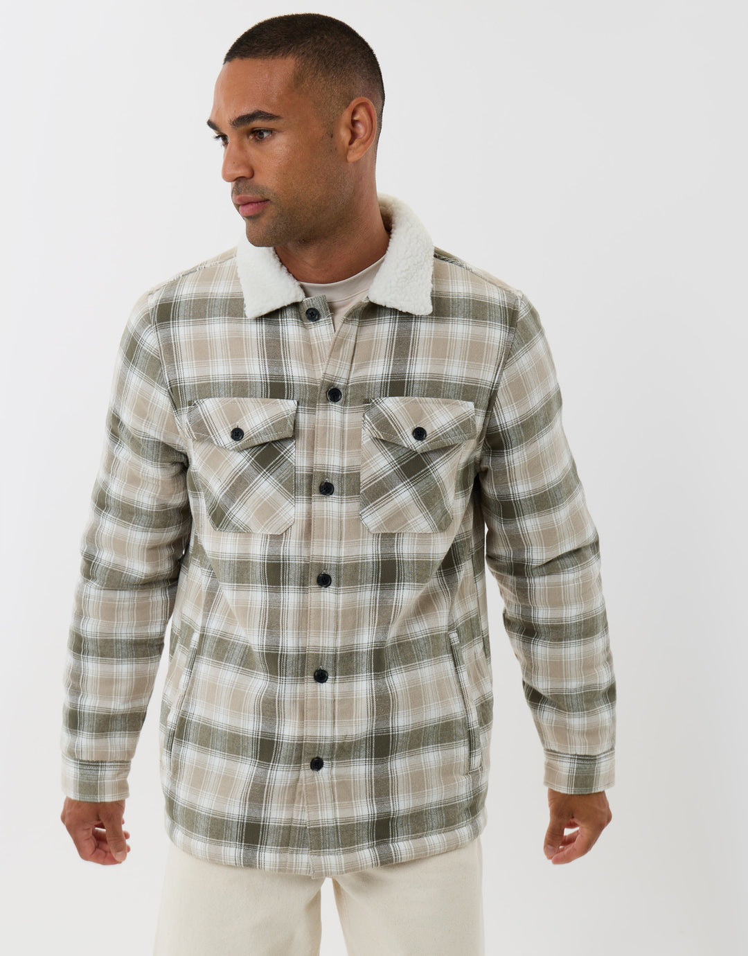 Cotton Flannel Shacket with Sherpa Collar & Lining in Sage Check