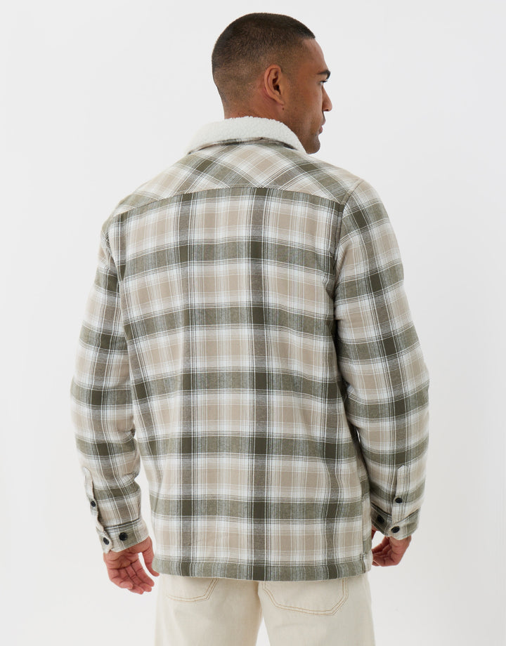 Cotton Flannel Shacket with Sherpa Collar & Lining in Sage Check