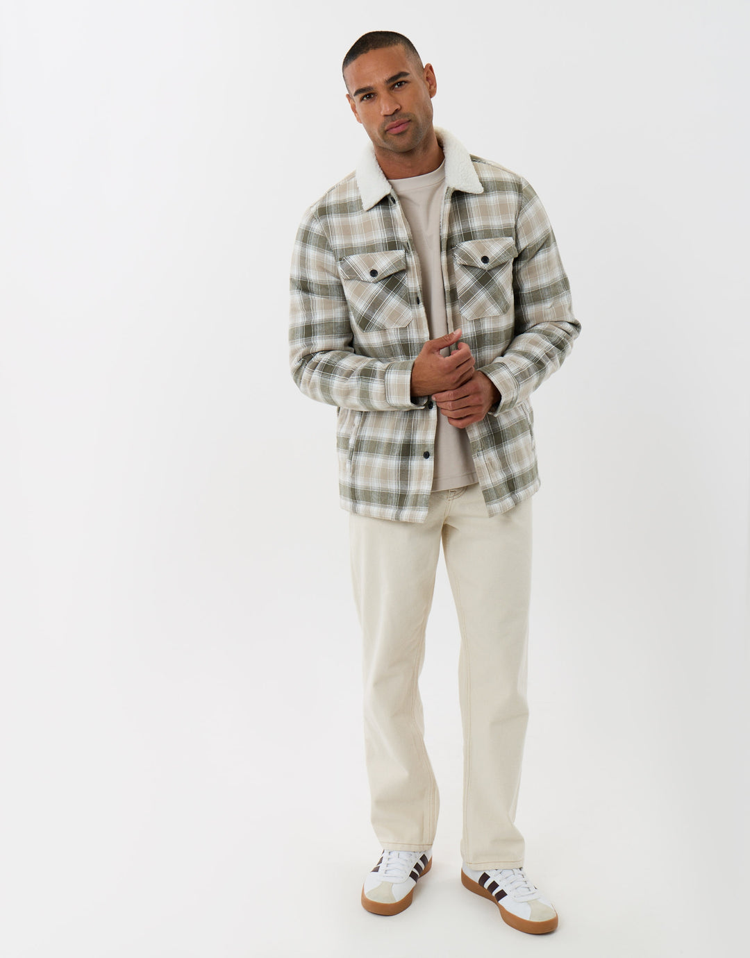 Cotton Flannel Shacket with Sherpa Collar & Lining in Sage Check