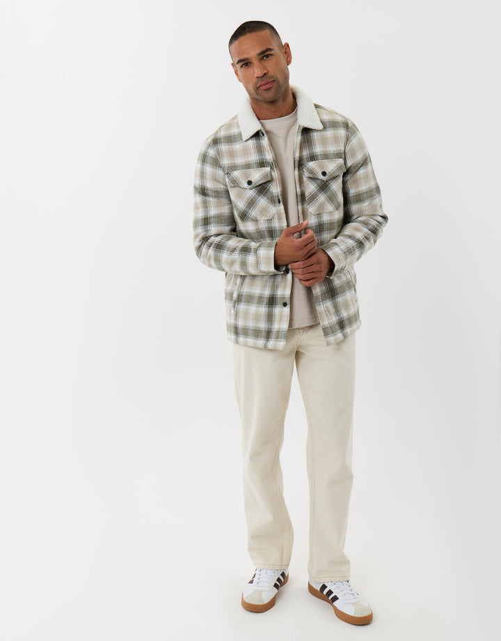 Cotton Flannel Shacket with Sherpa Collar & Lining in Sage Check