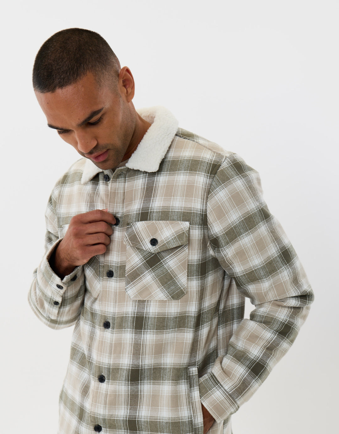 Cotton Flannel Shacket with Sherpa Collar & Lining in Sage Check