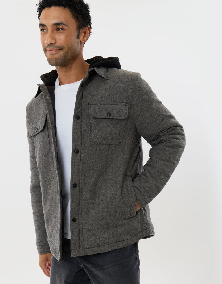 Herringbone Flannel Shacket with Sherpa Lined Hood in Brown
