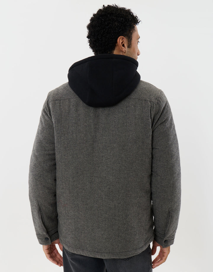 Herringbone Flannel Shacket with Sherpa Lined Hood in Brown