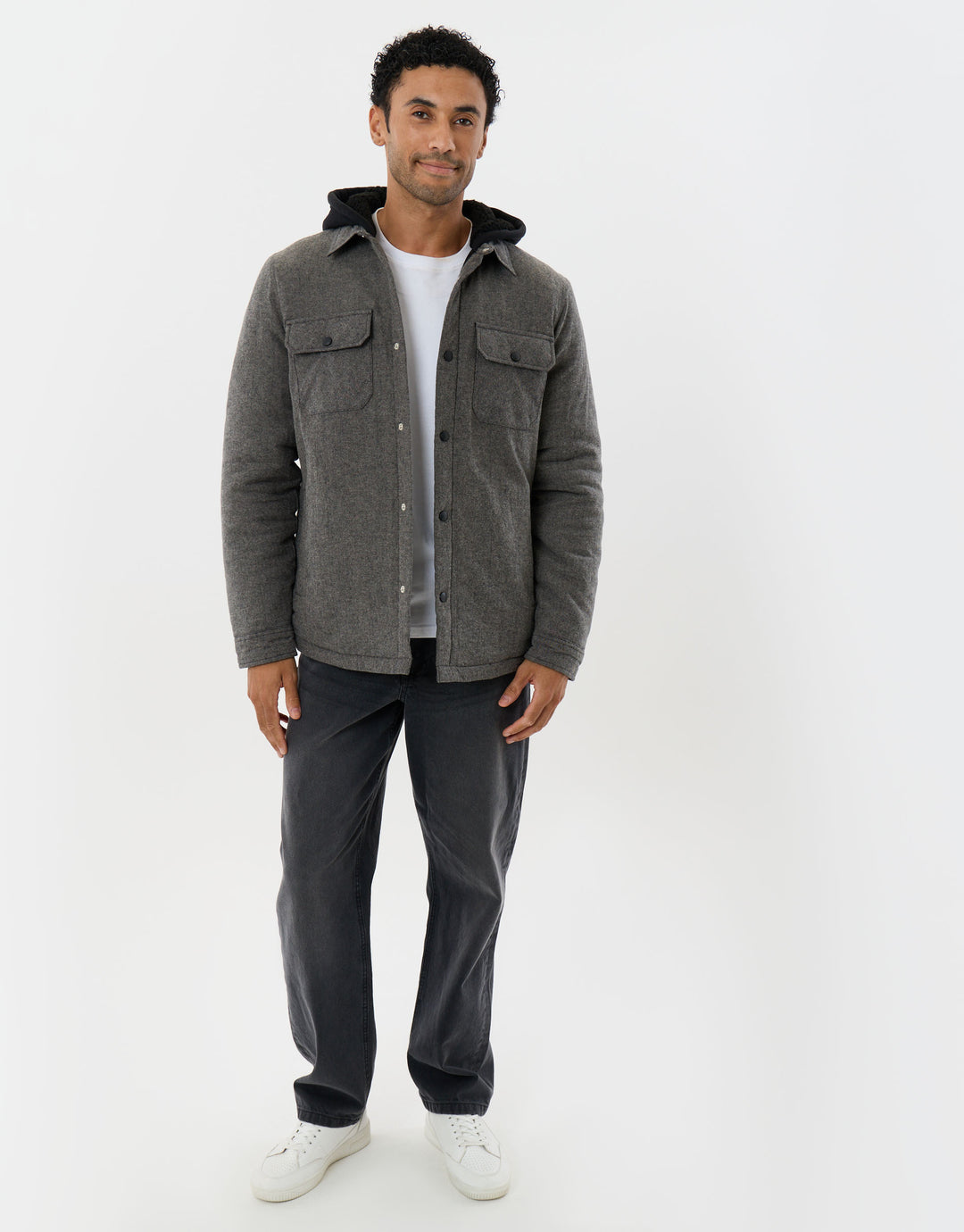 Herringbone Flannel Shacket with Sherpa Lined Hood in Brown