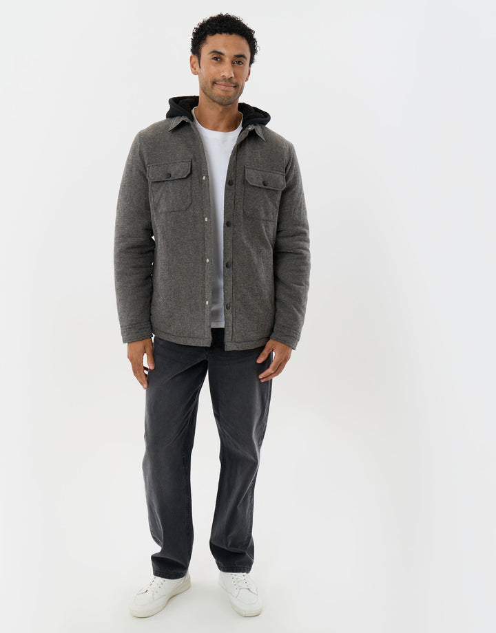 Herringbone Flannel Shacket with Sherpa Lined Hood in Brown