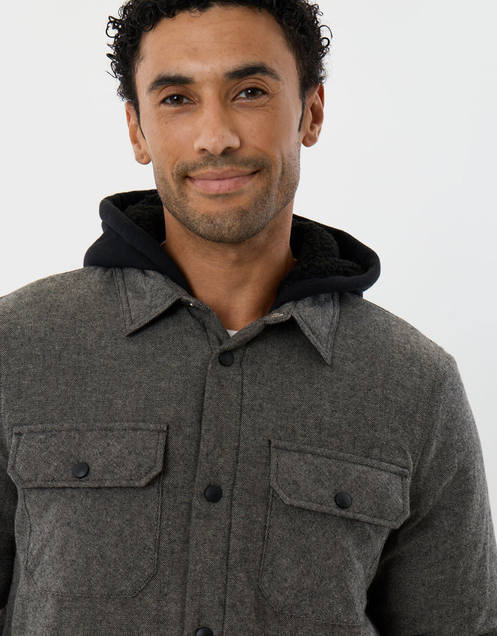 Herringbone Flannel Shacket with Sherpa Lined Hood in Brown