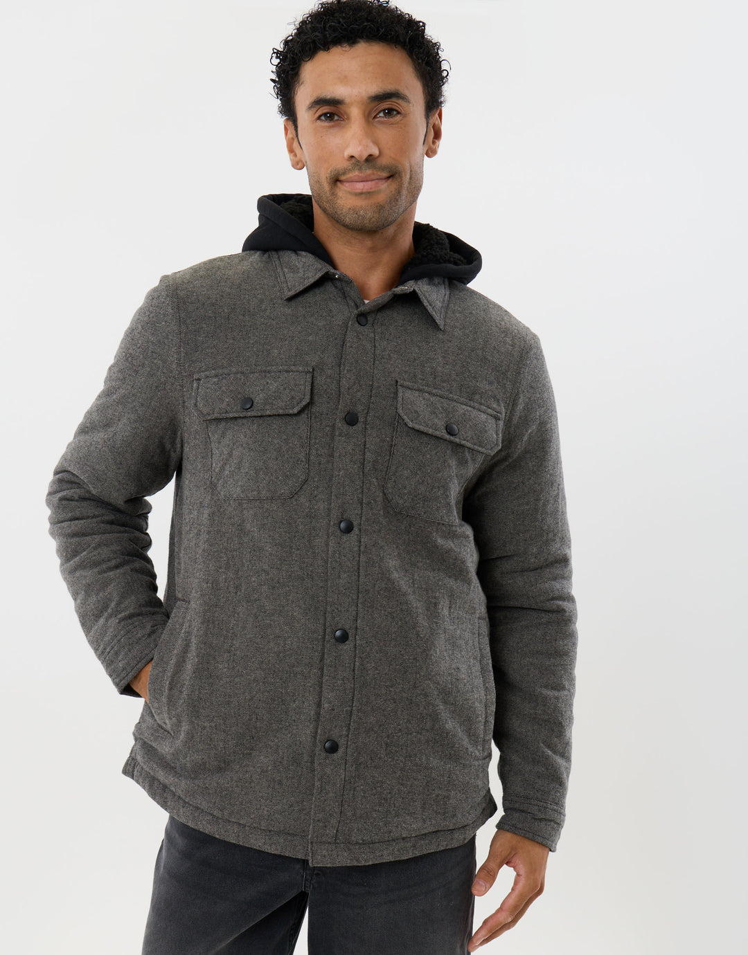Herringbone Flannel Shacket with Sherpa Lined Hood in Brown