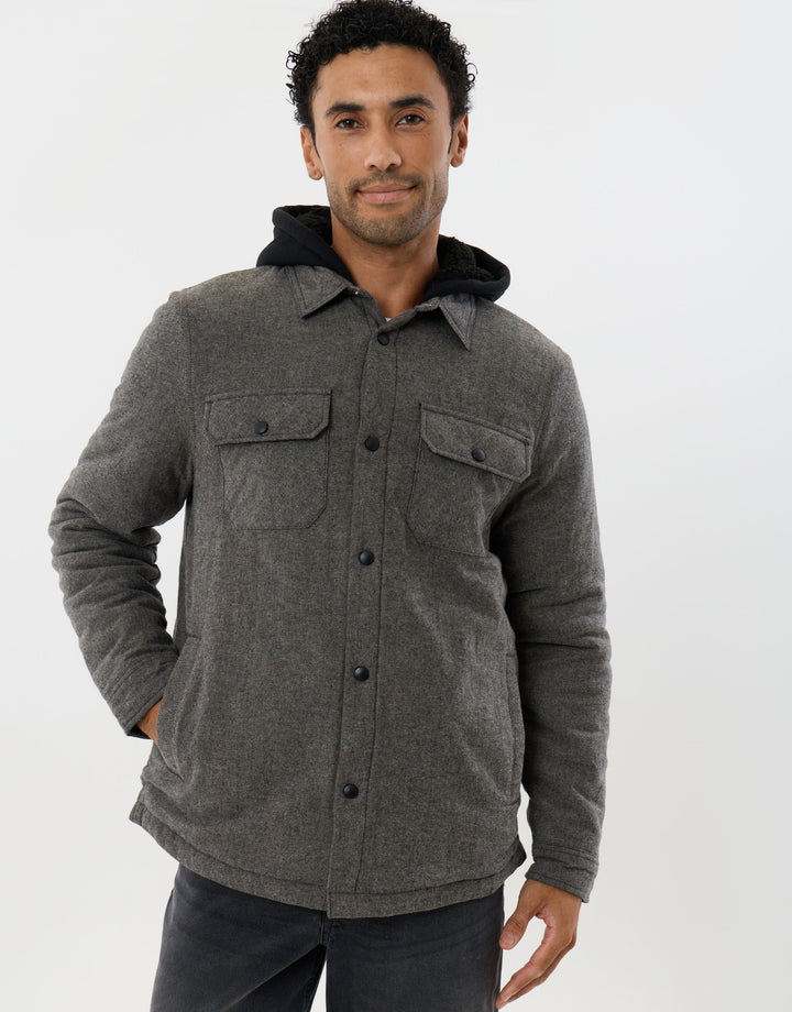 Herringbone Flannel Shacket with Sherpa Lined Hood in Brown