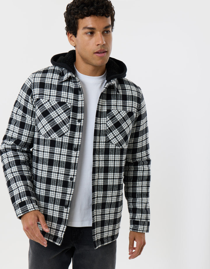Quilted Hooded Shacket in Black Check