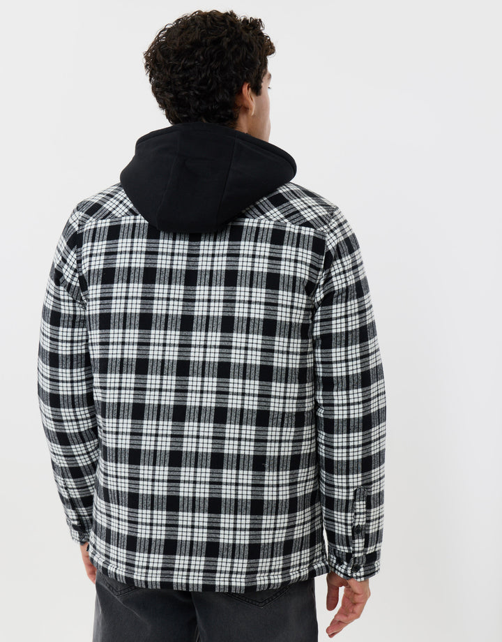 Quilted Hooded Shacket in Black Check
