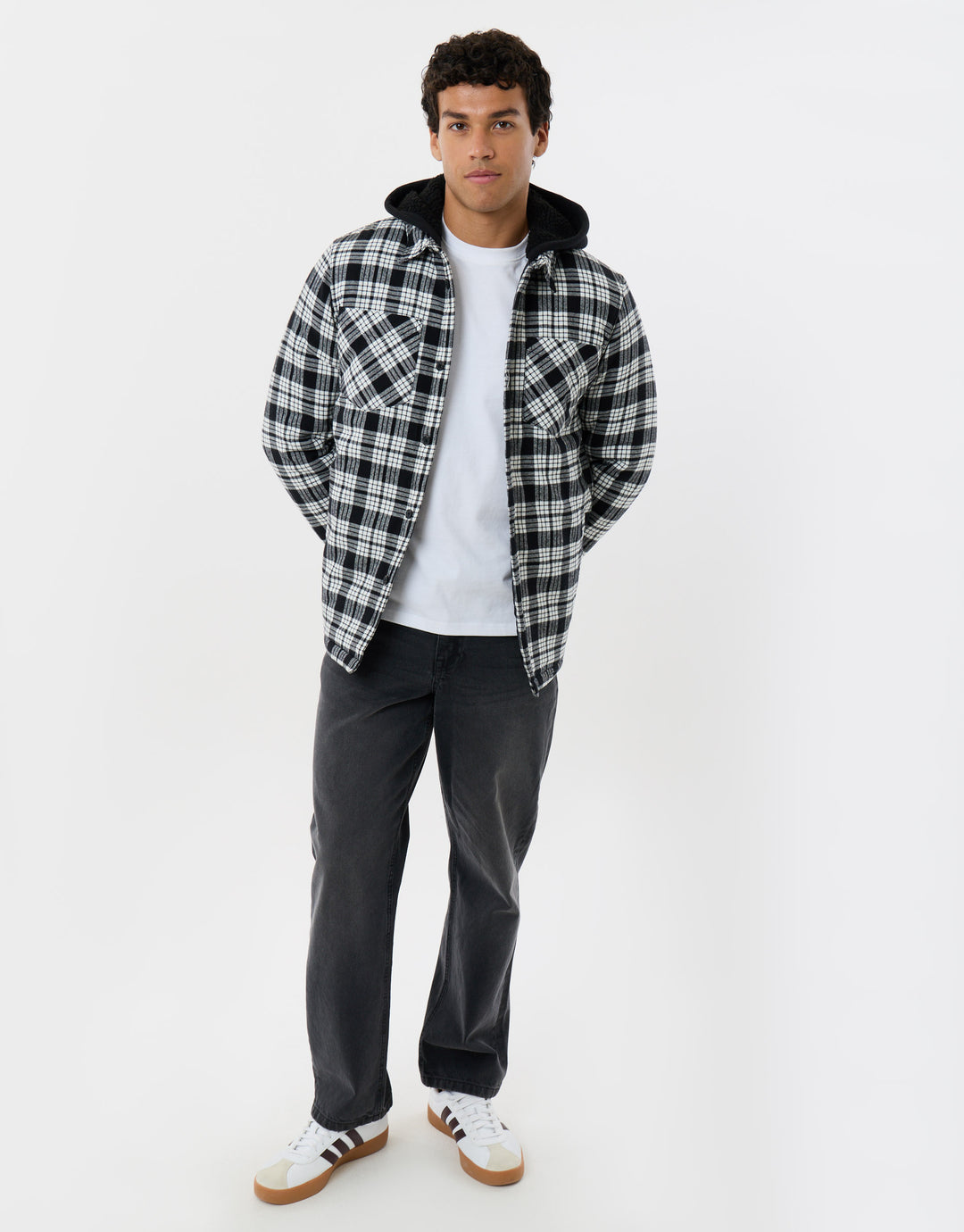 Quilted Hooded Shacket in Black Check