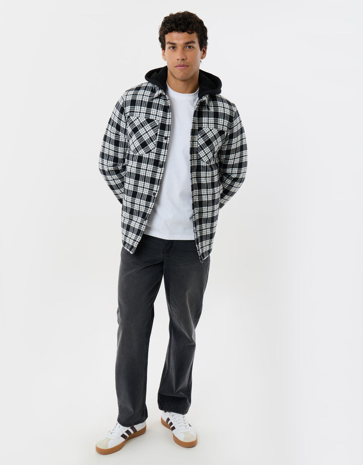Quilted Hooded Shacket in Black Check