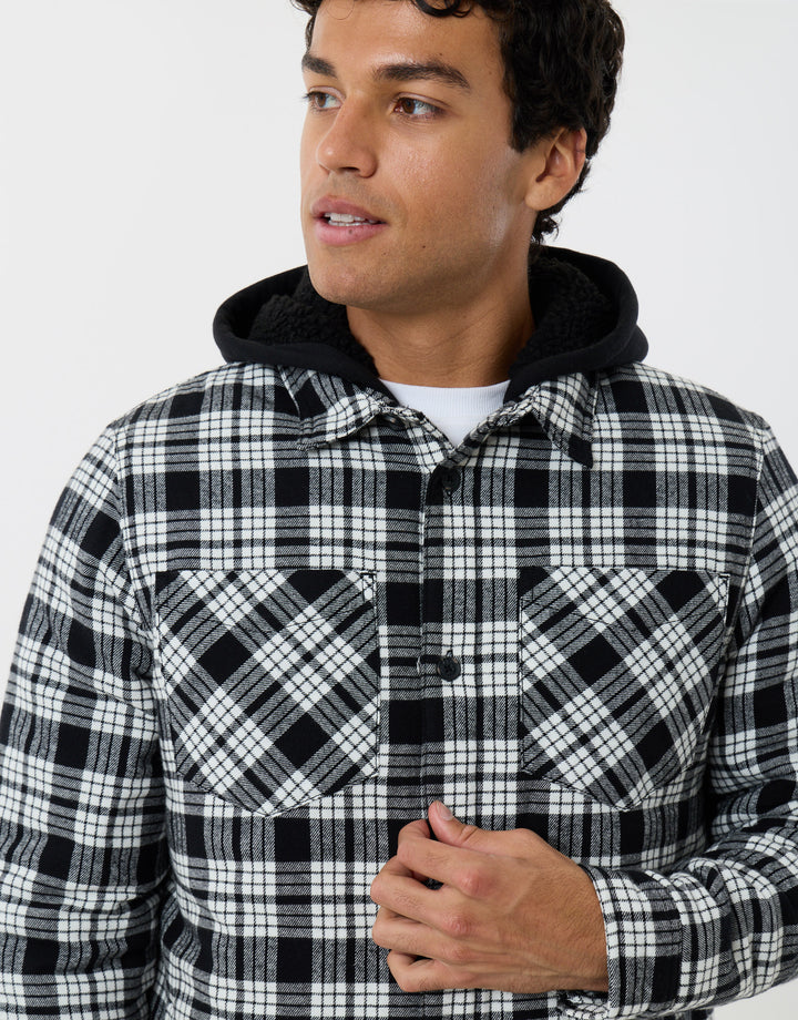 Quilted Hooded Shacket in Black Check