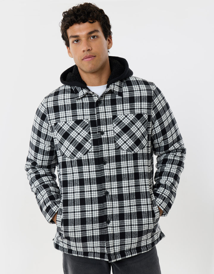 Quilted Hooded Shacket in Black Check
