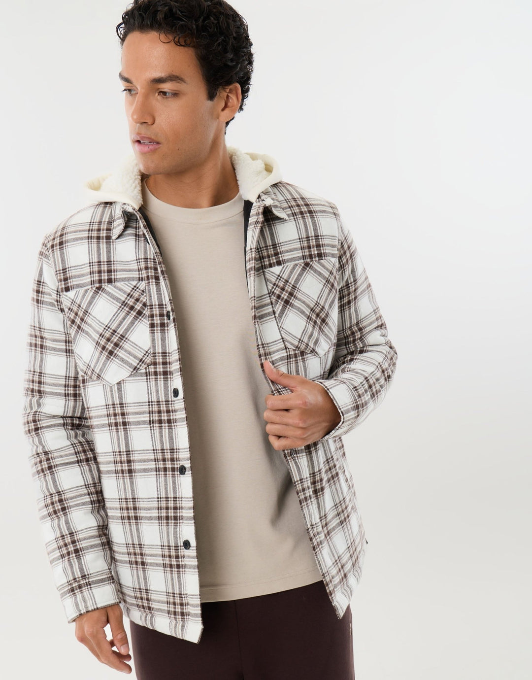 Hooded Quilted Shacket  in Ecru Check