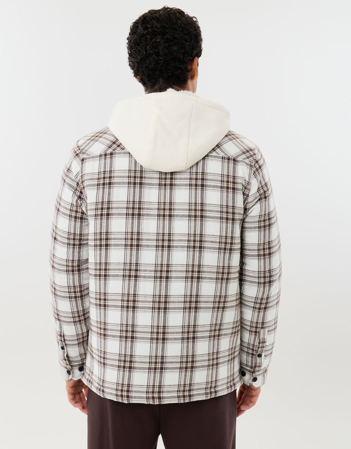 Hooded Quilted Shacket  in Ecru Check