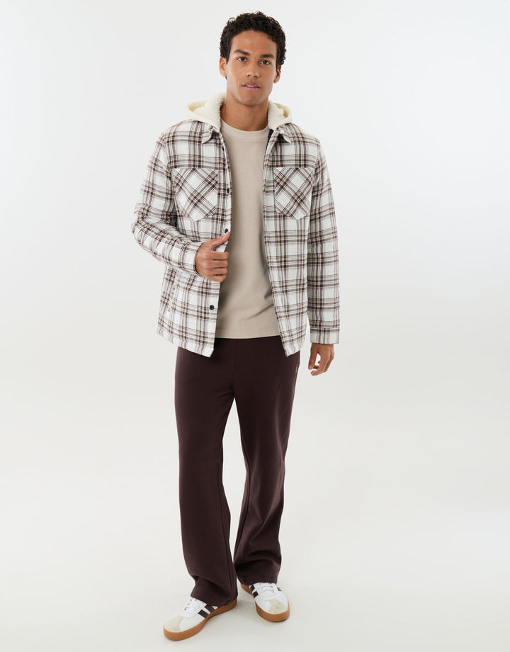 Hooded Quilted Shacket  in Ecru Check