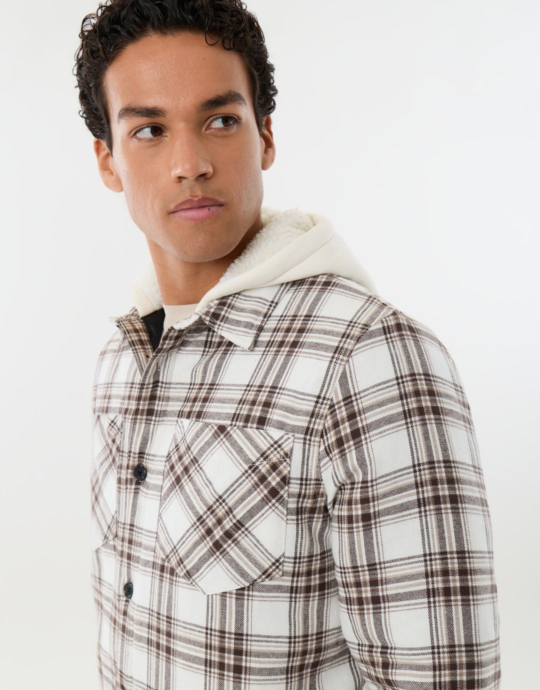 Hooded Quilted Shacket  in Ecru Check