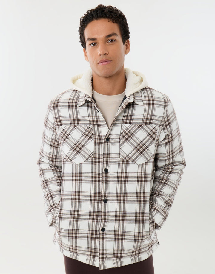 Hooded Quilted Shacket  in Ecru Check