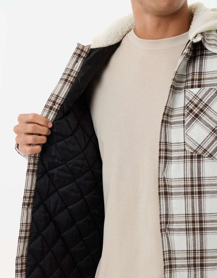 Hooded Quilted Shacket  in Ecru Check