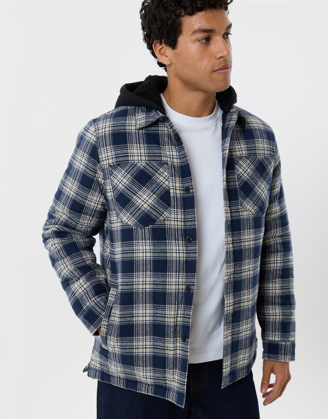 Quilted Hooded Shacket in Navy Check