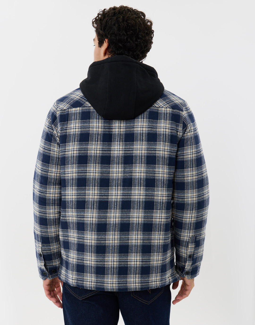 Quilted Hooded Shacket in Navy Check
