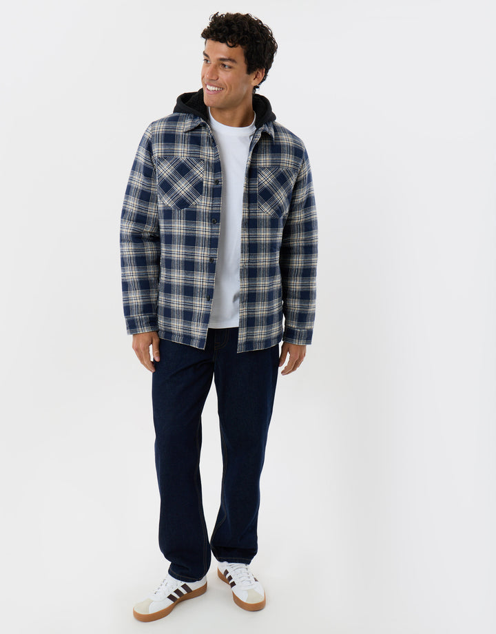 Quilted Hooded Shacket in Navy Check