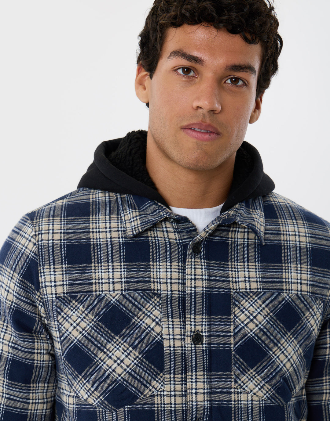 Quilted Hooded Shacket in Navy Check