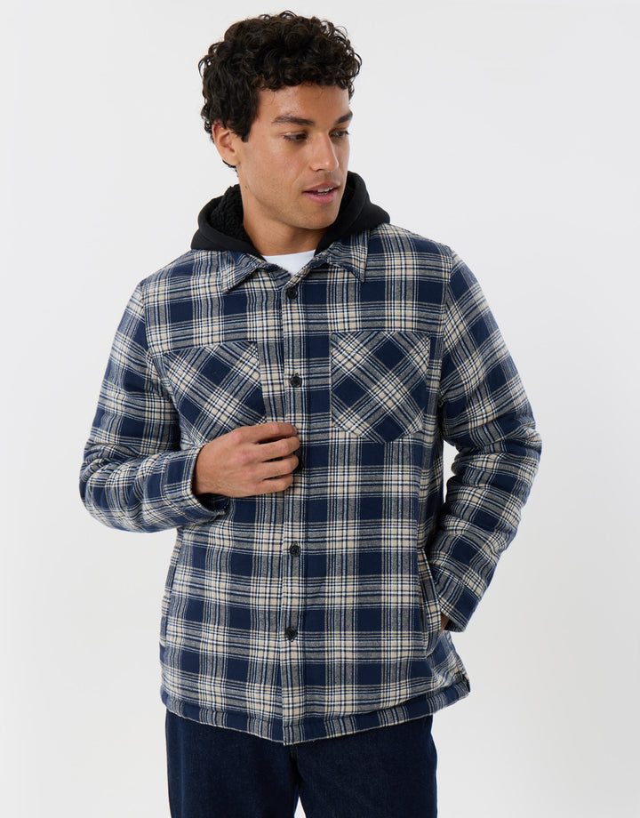 Quilted Hooded Shacket in Navy Check