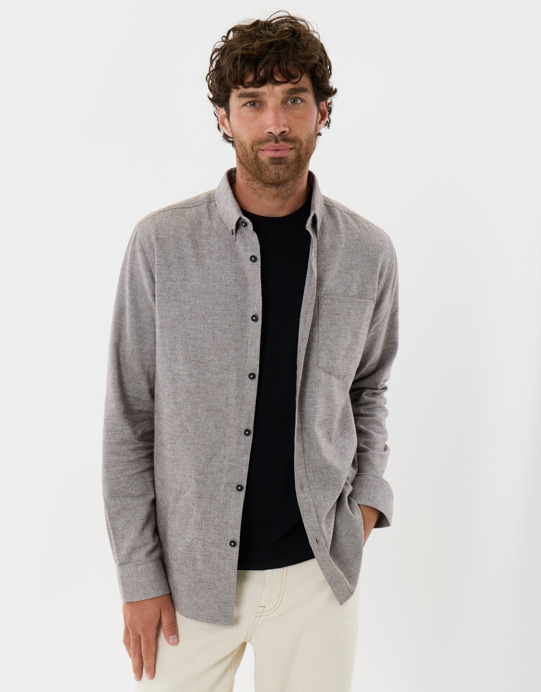 Regular Fit Textured Cotton Shirt in Taupe